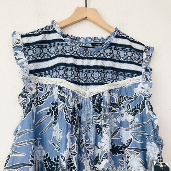 New! Angels Blue Floral Sleeveless Peasant High Neck Cotton Top - Picture 3 of 9
